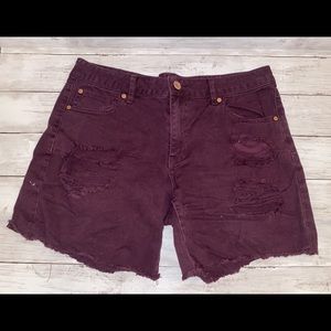 Maroon Distressed Denim Shorts